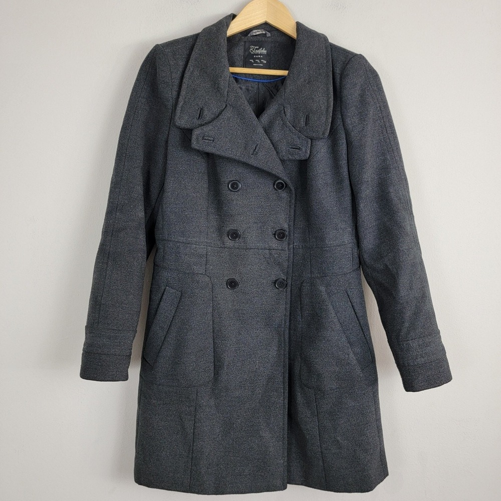 Zara Peacoat Womens Wool Size L Gray Jacket Double Breasted Notch Long Sleeve